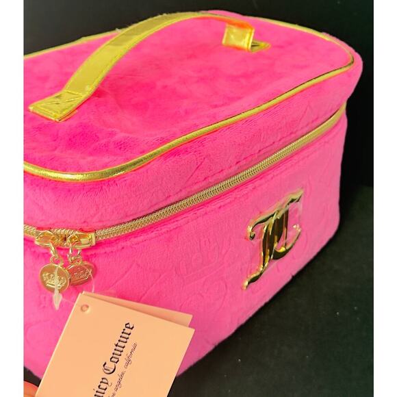 Juicy Couture Makeup Case Cosmetic Travel XL Hot Pink Gold Handle Velour NEW - Picture 3 of 5